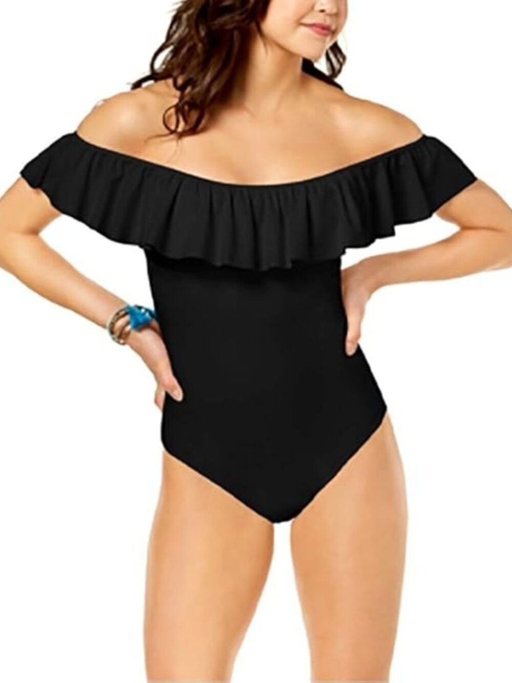 Raisins Barbados Ruffled Off-The-Shoulder Cheeky One-Piece Swimsuit Black M NWT